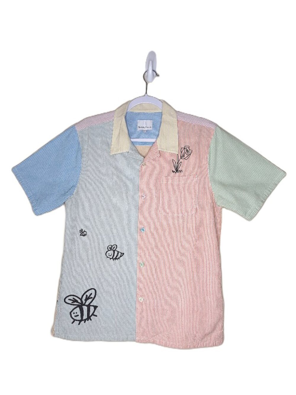 Teddy Fresh Doodle Pinstripe Camp Shirt Medium Colorblock Stripes